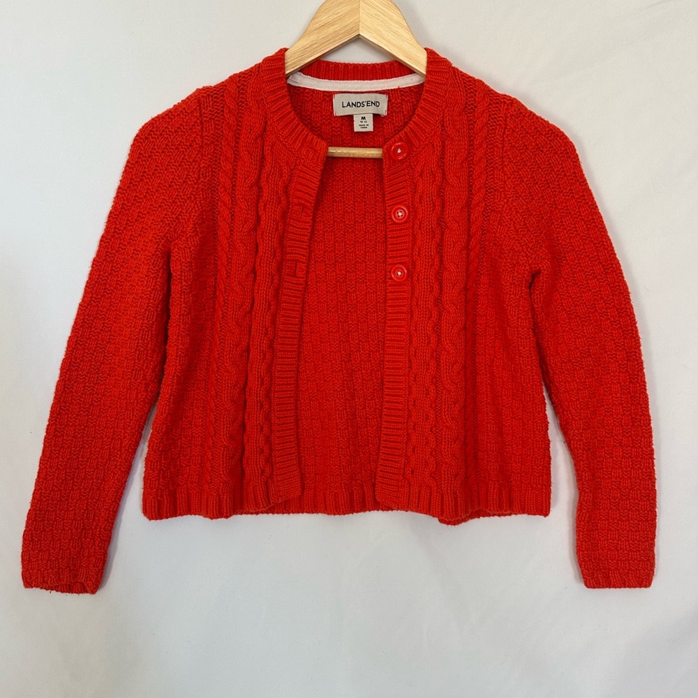 LANDS END CARDIGAN Cable Knit 3 Button Sweater Pumpkin Orange - Size M 10-12